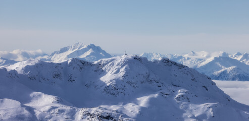 Whistler Peak Ski Resort Viewed from Blackcomb Mountain. Winter Season. Canadian Nature Landscape Background.