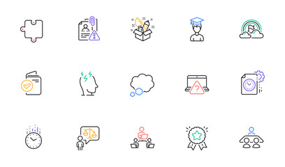 Interview job, Puzzle and Lgbt line icons for website, printing. Collection of Time, Lawyer, Online question icons. Project deadline, Teamwork, Creativity web elements. Search employee. Vector