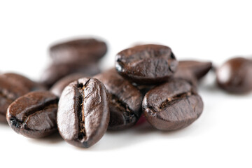 Closed up of coffee bean isolated on white background, beverage concept