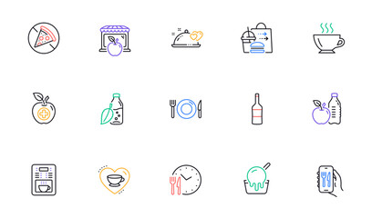 Love coffee, Food and Ice cream line icons for website, printing. Collection of Medical food, Coffee maker, Wine icons. Romantic dinner, Market, Restaurant app web elements. Water bottle. Vector