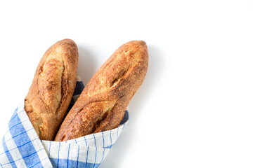 Home made baguette bread isolated on white background, bread and bakery