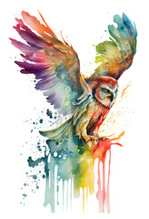 Obraz na płótnie Canvas watercolor painting of a flowing Owl bird flying upwards on a transparent background, png, Generative AI