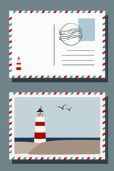 Set of postcards with stamps. Travel postcard. Lighthouse in the sea. Seascape