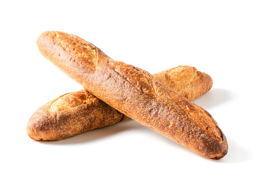 Two baguette isolated on white background, home made bakery