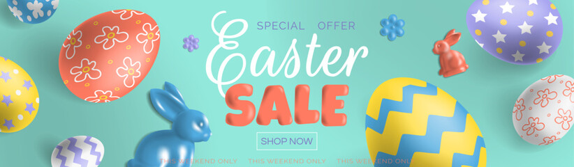 easter sale horizontal web banner design with eggs and rabbits   vector illustration