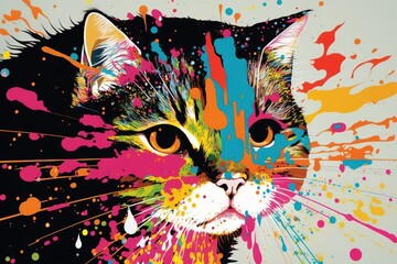  a colorful cat with splatters of paint on it's face.  generative ai