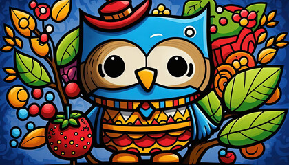  a colorful owl with a hat and a berry on a branch.  generative ai