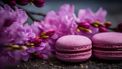  two pink macaroons sitting next to some purple flowers.  generative ai