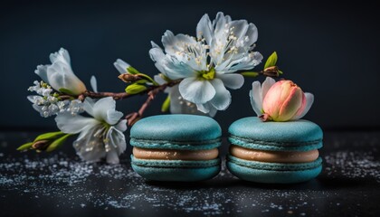 Obraz na płótnie Canvas a couple of macaroons sitting on top of a table. generative ai