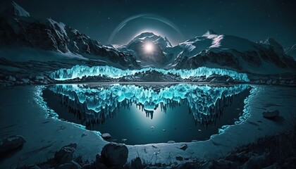 Fototapeta na wymiar a painting of a mountain lake with ice and icebergs. generative ai