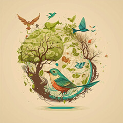 illustration of a bird inside an ecology icon generate with IA
