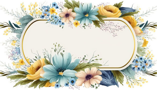 Generative AI, Watercolor frame with spring blue and yellow flowers, hand drawn art style with place for text. Greeting, birthday and other holiday, wedding invitation concept
