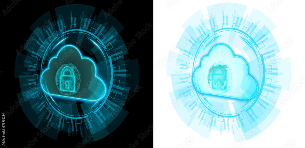 Poster futuristic cloud with lock for security with blue hud circle transparent background