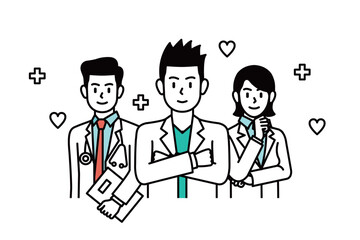 A cartoon illustration depicting smiling doctors representing hospitals. Doctor related character, avatar illustration