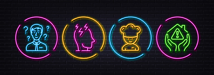Cooking chef, Stress and Support consultant minimal line icons. Neon laser 3d lights. House protection icons. For web, application, printing. Sous-chef, Mind anxiety, Question mark. Vector