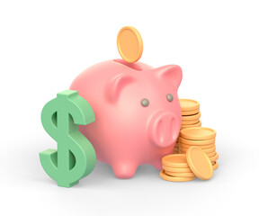 Realistic 3d icon of piggy bank, golden coins and dollar currency symbol