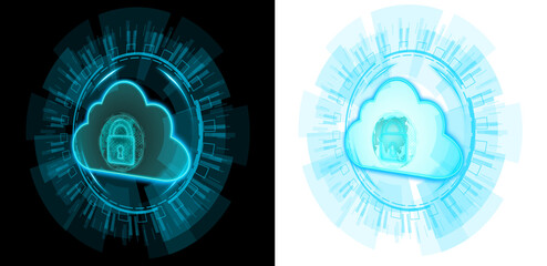 futuristic cloud with lock for security with blue hud circle  transparent background