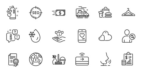 Outline set of Smile, Household service and Money transfer line icons for web application. Talk, information, delivery truck outline icon. Include Report, Consolidation, Lock icons. Vector
