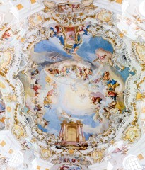 Wies, Germany. Ceiling of the Pilgrimage Church of Wies (Wieskirche), an oval rococo church located in the foothills of the Alps, Bavaria. A World Heritage Site