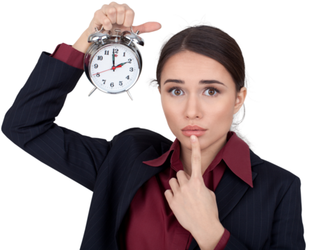 Embarrassed Businesswoman with Alarm Clock - Isolated