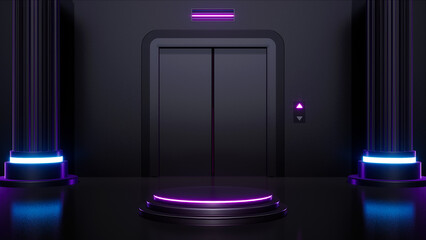 Glowing Down Arrow Button Neon Light Elevator Area, 3d rendering