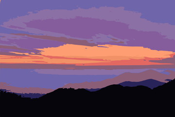 orange purple bright sunset, mountain panoramic image, vector abstract background, 