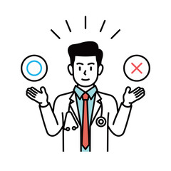 A quiz illustration of health and medicine. Cartoon illustration depicting a male doctor giving a quiz and explaining.