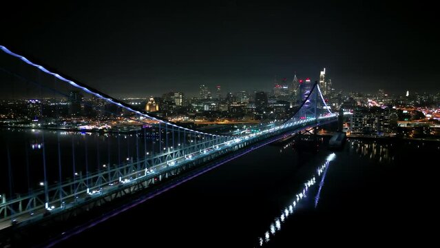 Benjamin Franklin Bridge and Skyline of Philadelphia at night - aerial view - drone photography