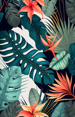 Jungle floral pattern, colorful hand drawn illustration Generative AI