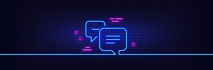 Neon light glow effect. Dots message line icon. Chat comment sign. Speech bubble symbol. 3d line neon glow icon. Brick wall banner. Dots message outline. Vector