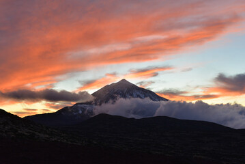 Fototapeta premium Snowed Teide during sunset in tenerife, canary islands