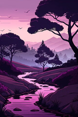 Sunrise on a forest stream, stones, flowering herbs, twilight lighting. Shaded amazing anime landscape. Generative AI