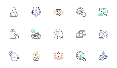 Graph chart, Quality and Engineer line icons for website, printing. Collection of Cardio bike, Block diagram, Flash memory icons. Search employee, Chemistry lab, Build web elements. Vector