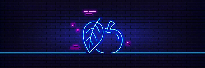 Neon light glow effect. Apple line icon. Fresh fruit sign. Natural food symbol. 3d line neon glow icon. Brick wall banner. Apple outline. Vector
