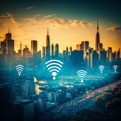 Wifi symbol with city background for telecommunication and network infrastructure