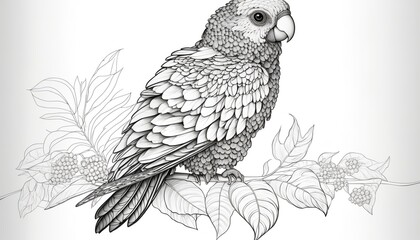a cute coloring book for children, which is still black and white, but waiting for colors and then it will become a wonderful colorful parrot