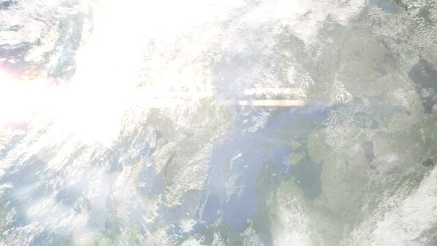 Earth zoom in from outer space to city. Zooming on Sigtuna, Sweden. The animation continues by zoom out through clouds and atmosphere into space. Images from NASA