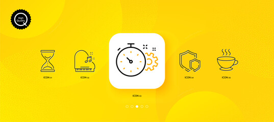 Fototapeta na wymiar Time hourglass, Cogwheel timer and Piano minimal line icons. Yellow abstract background. Shields, Coffee cup icons. For web, application, printing. Sand watch, Engineering tool, Fortepiano. Vector