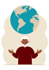 The man spread his arms and the planet Earth is above his head. Earth day holiday concept, saving the planet, saving energy, global warming or climate change.