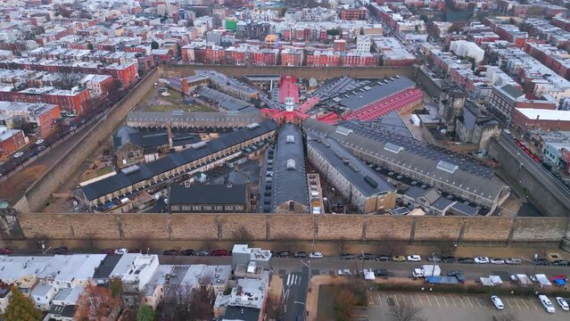 Eastern State Penitentiary in Philadelphia from above - flying over the prison - drone photography