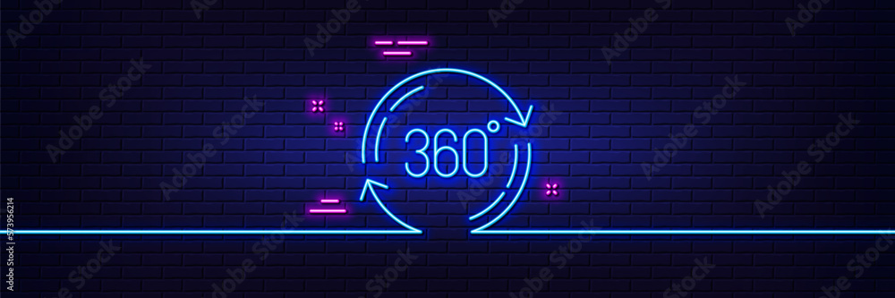 Poster neon light glow effect. 360 degree line icon. full rotation sign. vr technology simulation symbol. 3