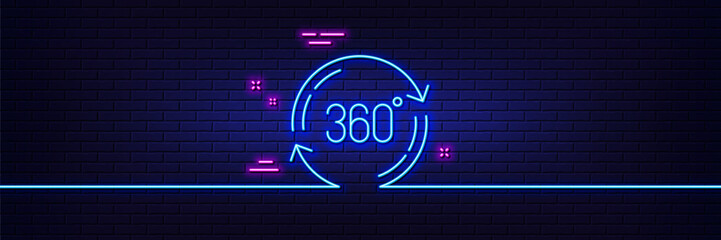 Neon light glow effect. 360 degree line icon. Full rotation sign. VR technology simulation symbol. 3d line neon glow icon. Brick wall banner. Full rotation outline. Vector