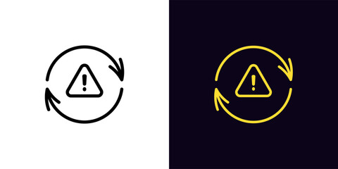 Outline update icon, with editable stroke. Update arrows frame with exclamation mark, important upgrade warning pictogram. Error synchronize, reload alert, restart notice.