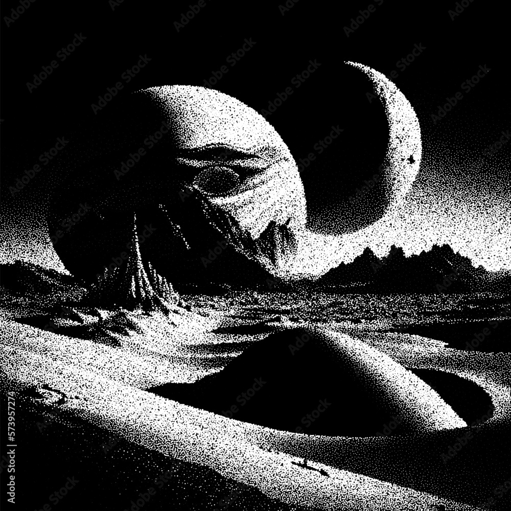 Poster Alien planet landscape in retro dotwork style. Planets and satellites over unknown planet in space. Sci-fi world landscape beyond our galaxy.