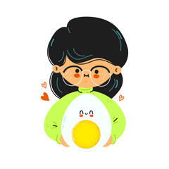 Young cute funny woman hold boiled egg in hand. Girl hugs cute egg. Vector hand drawn doodle style cartoon character illustration icon design. Isolated on white background