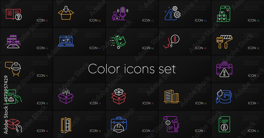 Poster set of mobile inventory, warning and open box line icons. include open door, packing boxes, inventor