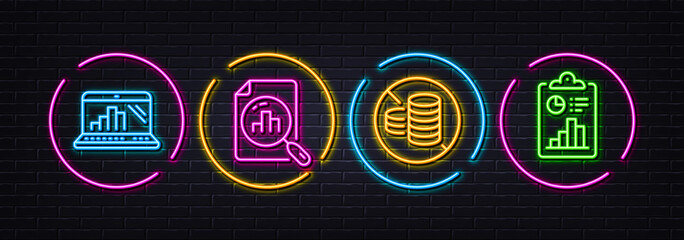 Fototapeta na wymiar Analytics graph, Graph laptop and No cash minimal line icons. Neon laser 3d lights. Report icons. For web, application, printing. Chart report, Tax free, Survey clipboard. Neon lights buttons. Vector