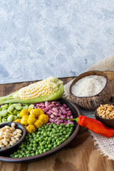 Still life of grains used to cook the fanesca with a copy space or place to write a recipe