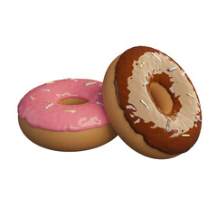 Yellow donuts topped with strawberry sauce and chocolate. And sprinkled with sugar. 3d illustration