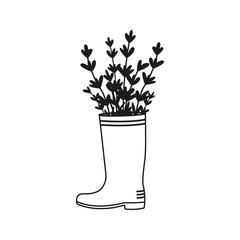 Rubber boot with hand drawn lavender flowers. Vector illustration. Simple doodle style.
